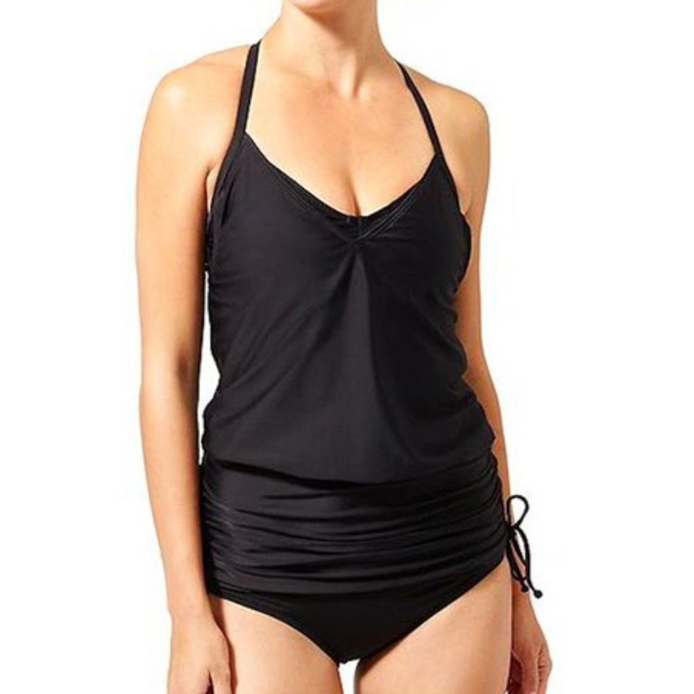 Athleta Tankini Top Size 34D/DD Side Scrunch Black Lycra Spandex Quickdri UPF 50